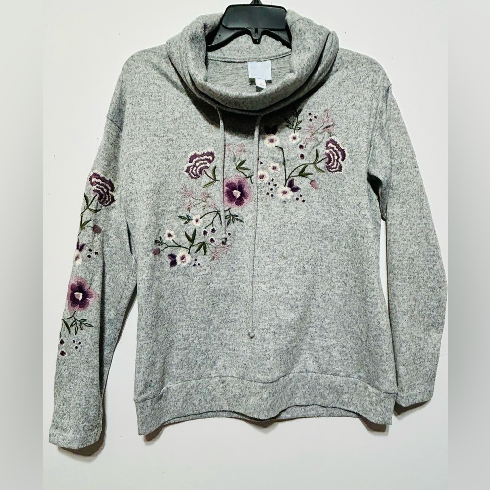 Sunday Gray Floral Embroidered Cowl Neck top